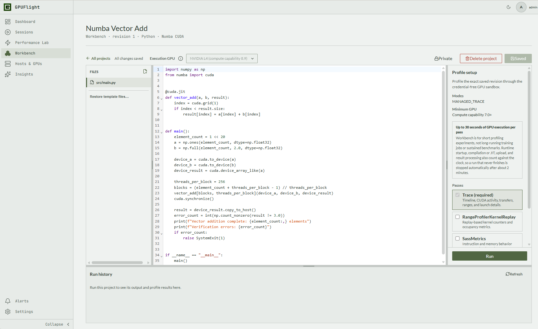 Numba vector addition open in GPUFlight Workbench