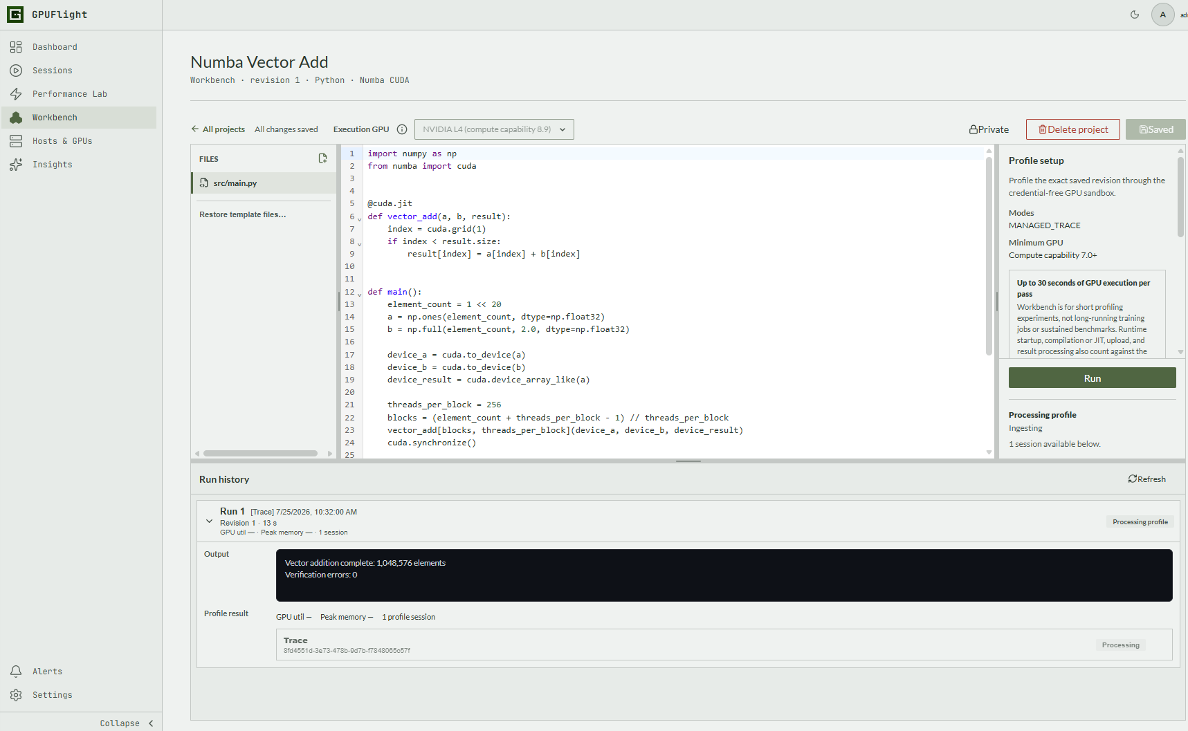 Completed Numba vector addition run with output and verification result