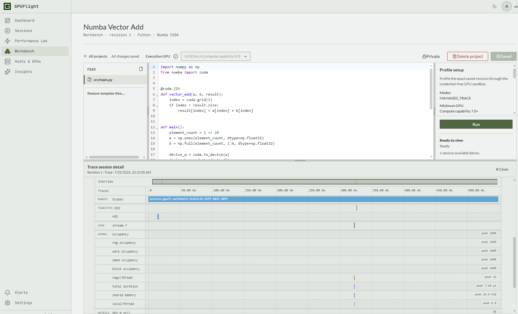 GPUFlight timeline for the Numba vector addition run