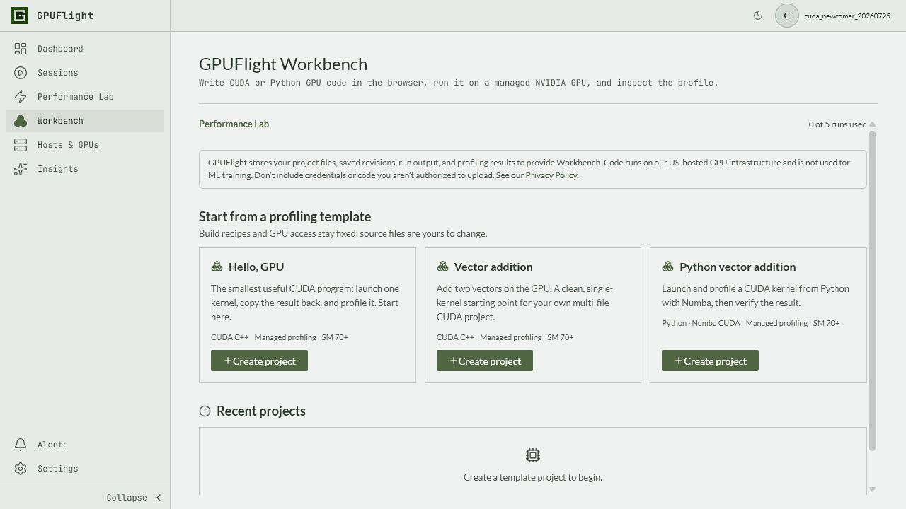 GPUFlight Workbench template chooser with CUDA C++ and Python Numba projects